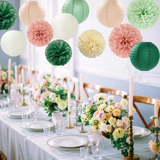 Sage-Green Pink Party-Decorations Paper-Flowers Lanterns - Image 4