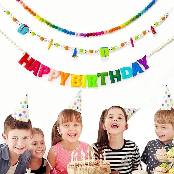 Pre-Strung Birthday Banner Handmade 3D Rainbow Wool Felt Balls Garland | - Image 4