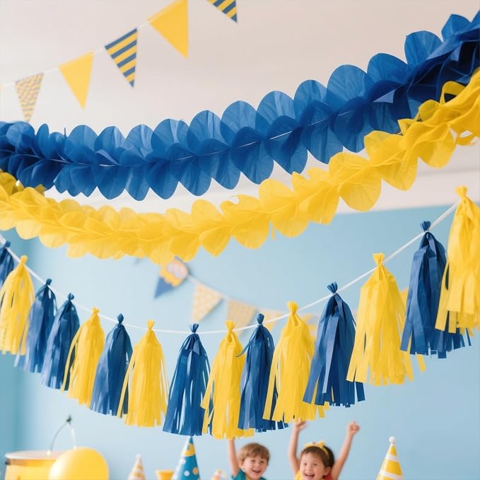 Navy Blue and Yellow Tissue Paper Tassels Party Tassel Garland Banner - Image 4