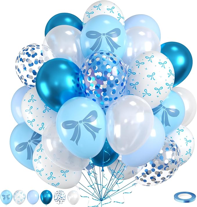 Blue Bow Balloons, Metallic Macaron Preal White Balloon Bow Print Balloon by Saxuxu