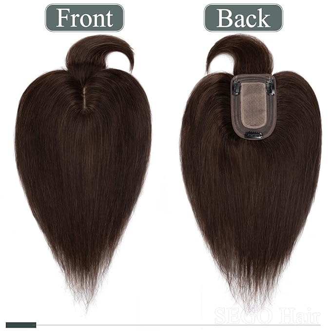 SEGO Hair Toppers for Women Real Human Hair with Thinning Hair, Toppers Hair Pieces Clip in Toppers Straight Hair Pieces with Front Bangs 150% Density Silk Base -12 Inch #2 Dark Brown