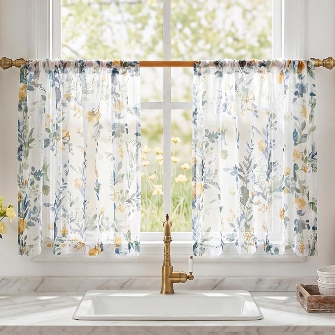 MYSKY HOME Yellow and Blue Floral Sheer Curtains 36 Inch Length by MYSKYHOME