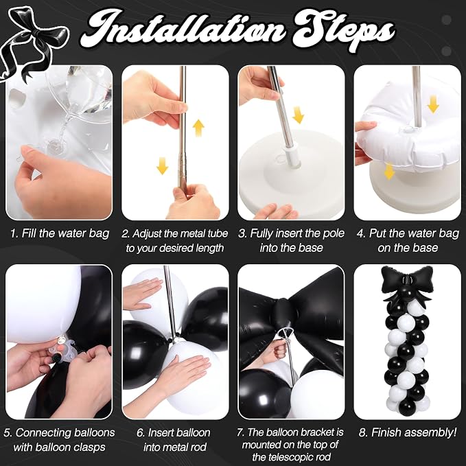 2 Sets Black White Bow Balloon Column Stand Kit Includes 2 Bows & 100 Latex - Image 4