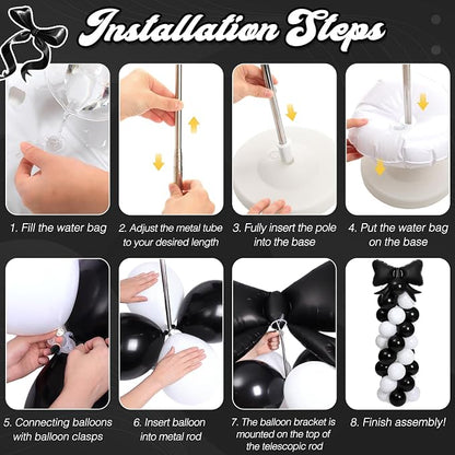 2 Sets Black White Bow Balloon Column Stand Kit Includes 2 Bows & 100 Latex - Image 4