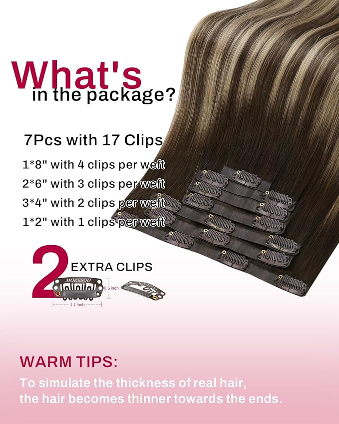 Moresoo Seamless Clip in Human Hair Extensions Ombre Dark Brown with Caramel Blonde Balayage Remy Seamless Clip on Hair Extensions 7pcs/120g 20inch