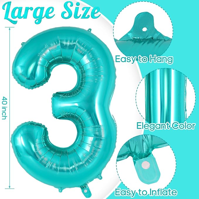Teal Blue Number 3 Balloon, 40 Inch Big Large Foil Helium Number Balloons - Image 3
