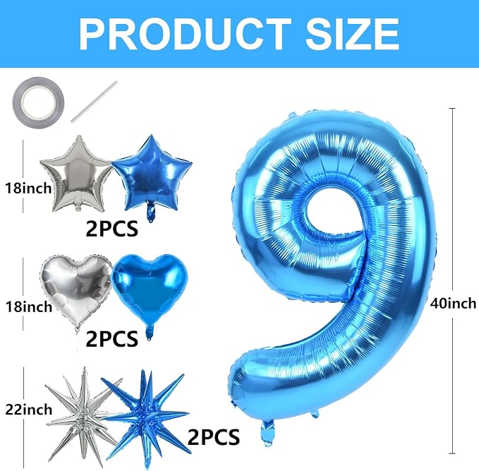 TONIFUL 9th Birthday Balloons Kit 40 Inch Blue Large Number 9 Foil Balloon | - Image 2