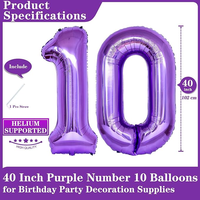 Purple 10 Number Balloons, 40 Inch Giant Number 10 Balloons Foil Mylar Helium - Image 2