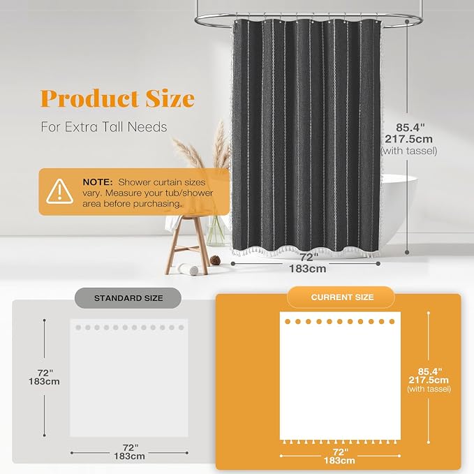 72x84 Long Farmhouse Linen Heavy Duty Shower Curtain, Charcoal Grey | Tall Size - Image 3