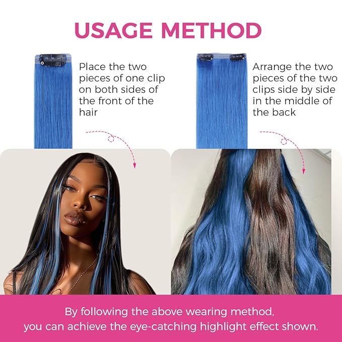 Lashey Hair Extensions Real Human Hair 48g 4pcs Blue 20 Inch Long Straight Seamless Clip in Hair Extensions Human Hair for Colored Highlight