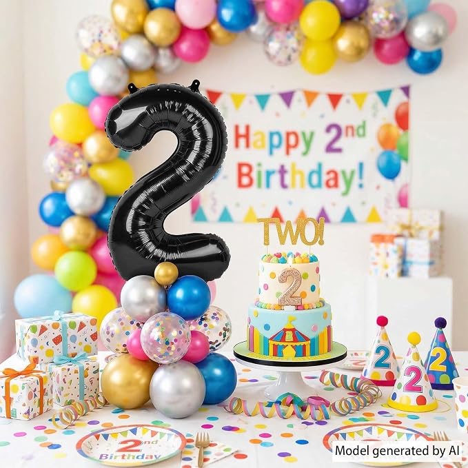 Black Number 2 Balloon 40 Inch, Glossy Foil Digit Party Supplies | Chic - Image 7