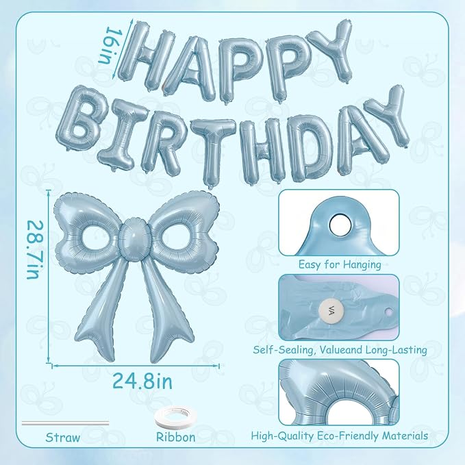 Blue Happy Birthday Balloons, 31”Huge Light Blue Bow Aluminum Foil Balloons - Image 6