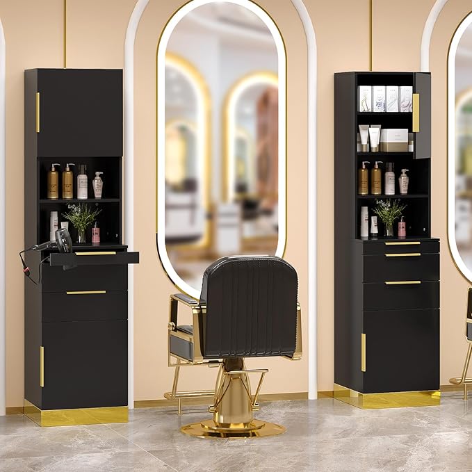 OmySalon Salon Station, Barber Station for Hair Stylist, Beauty Storage Cabinet with Stainless Steel Finish & Drawers & Dryer Holders, Modern Spa Equipment for Barbershop, Black