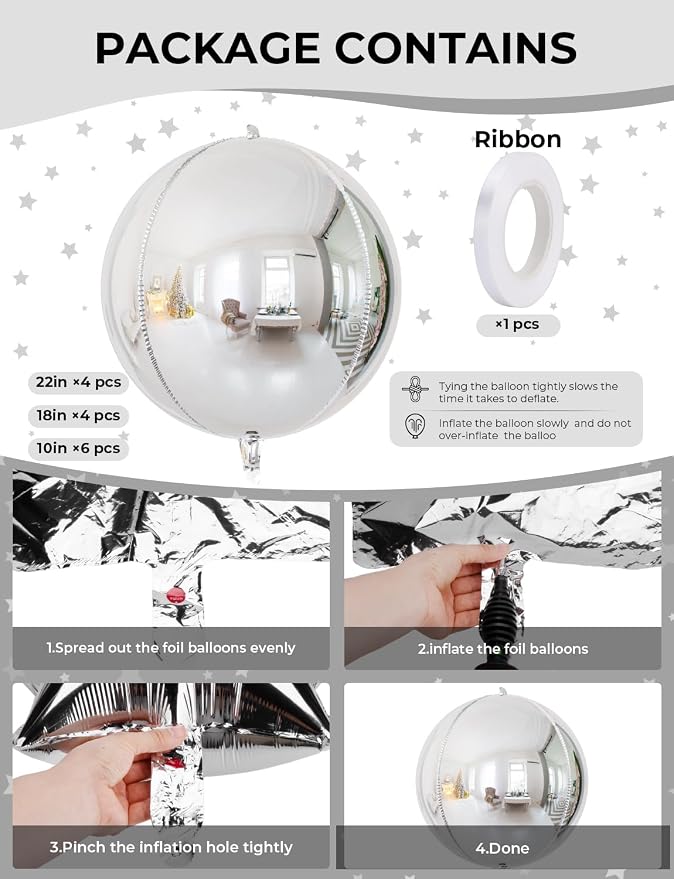 Silver Foil Balloons, 4D Round Mylar | Metallic Silver Inflatable Mirror - Image 3
