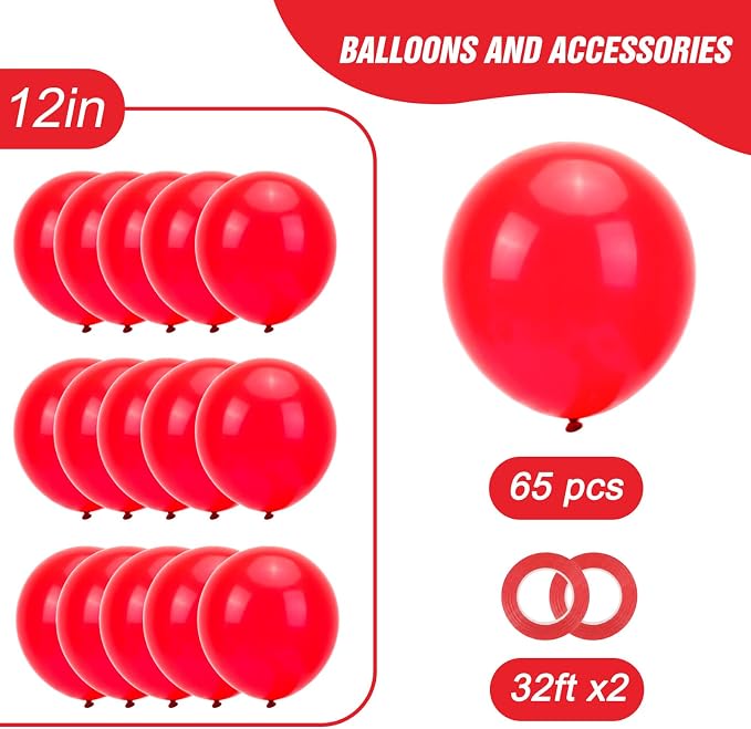 RUBFAC Red Balloons 65pcs, 12 Inch Party Balloon - Image 2