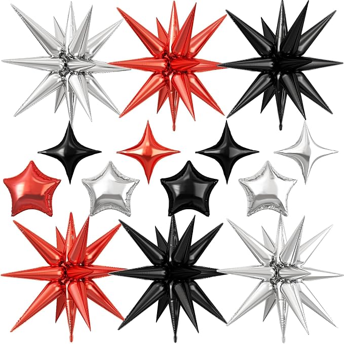 14pcs Red Black Silver Star Balloons, Mixed Star Foil Balloon, 22Inch Explosion by vibzox