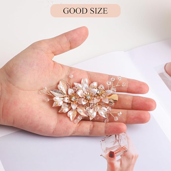 Floral Crystal Pearl Alligator Hair Clip and Rhinestone Bobby Pins, Elegant Hair Accessories for Bridal Women in Wedding or Prom, Set of 3 (Gold)