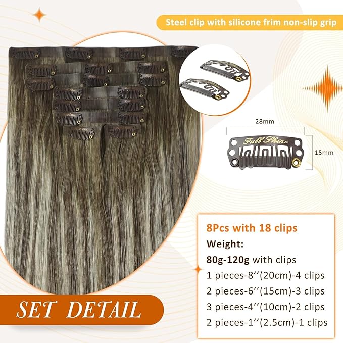 Full Shine Balayage Clip in Hair Extensions 18 Inch Ash Brown to Cool Blonde Real Human Hair with PU Weft Clip in Hair Extension Real Human Hair 8 PCS 120 G