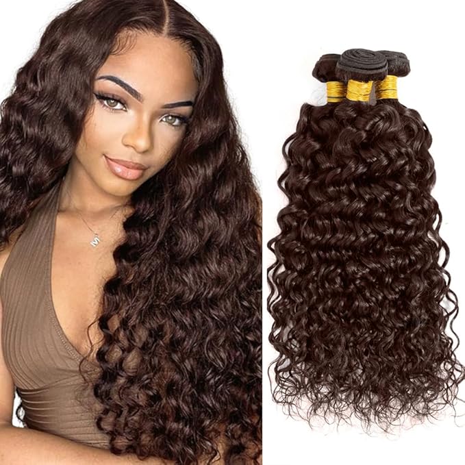 Dark Brown Bundles Human Hair Color 4 Water Wave Bundle Niegmeag Brazilian Virgin Remy Hair 3 Bundles 12 14 16 Inch Double Weft Chocolate Brown Wet and Wavy Bundle Hair Weave