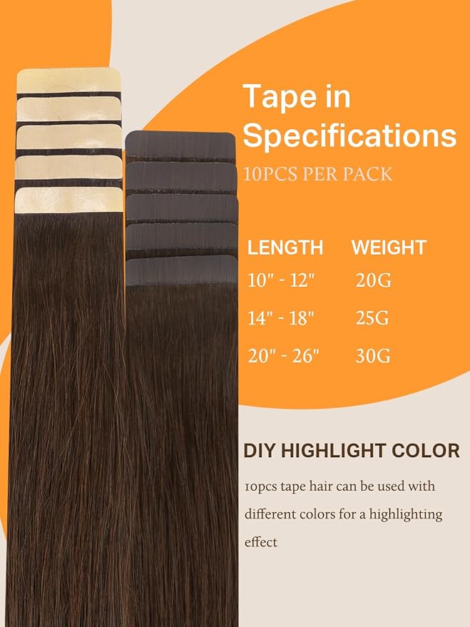 DOORES Tape in Human Hair Extensions Chocolate Brown Straight Remy Hair Extensions Natural Hair Extensions Skin Weft 24 Inch 10pcs 30g Tape Hair