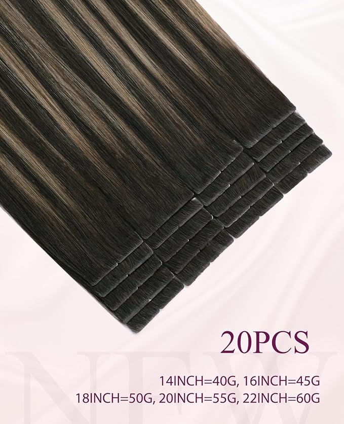 Pinkpearl Invisible Tape in Hair Extensions Human Hair, 20pcs 16inch 45g #2/6/2 Balayage Dark Brown to Chestnut Brown Injection Tape in Extensions Real Remy Human Hair Injected