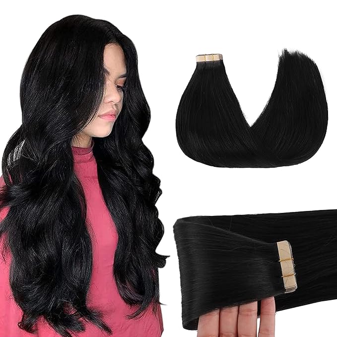 GOO GOO Tape in Hair Extensions Human Hair, 1 Jet black, 26inch 60g 20pcs, Skin Weft Seamless Invisible, Silky Straight with Thick Ends, Remy Human Hair