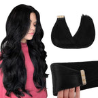 GOO GOO Tape in Hair Extensions Human Hair, 1 Jet black, 18inch 50g 20pcs, Skin Weft Seamless Invisible, Silky Straight with Thick Ends, Remy Human Hair