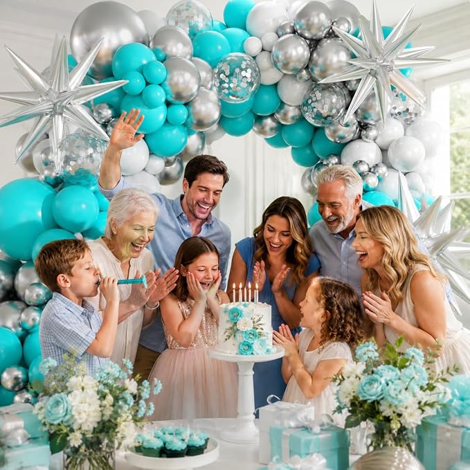 Teal Metallic Silver White Balloons Garland Arch Kit - Image 5