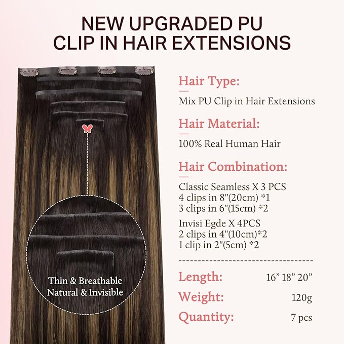 DOORES Clip in Hair Extensions Set 20 Inch 120g, 4pcs Invisi Edge Clip ins and 3pcs Classic Seamless Clip ins, Injected Virgin Real Human Hair Extensions Natural Invisible Straight, #1B