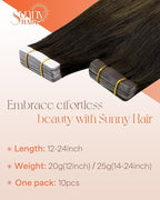 Sunny Hair Tape in Hair Extensions Real Human Hair Invisible Remy Hair Extensions Tape ins for Women Darkest Brown Ombre Medium Brown Balayage 12 inch 20G