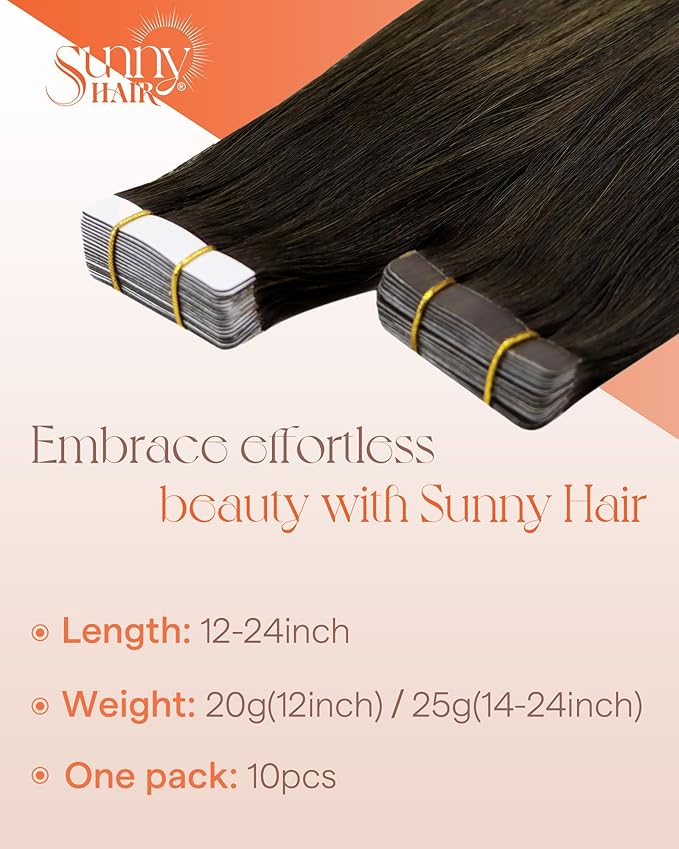 Sunny Hair Tape in Hair Extensions Real Human Hair Invisible Remy Hair Extensions Tape ins for Women Darkest Brown Ombre Medium Brown Balayage 20 inch 25G