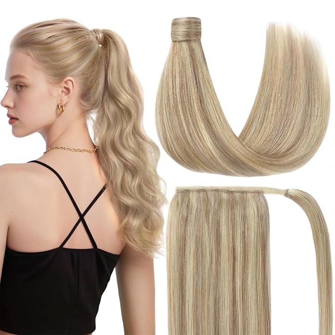 Ve Sunny Hair Extensions Ponytail Real Human Hair Wrap Around Clip in Ponytail Hair Extensions Straight Extensions Human Hair for Women Blonde Highlights for Women Warm Color 20inch 80G