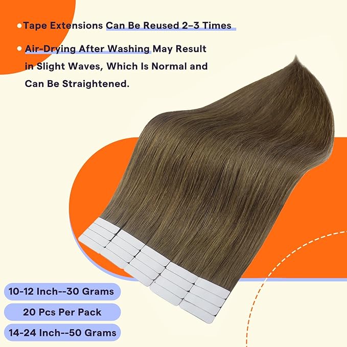 Full Shine Hair Extensions Tape in 18 Inch Invisible Double Sided Hair Extensions Real Human Hair Tape in Color 3 Dark Brown Remy Seamless Soft and Silky for Women 20PCS 50G for Wedding