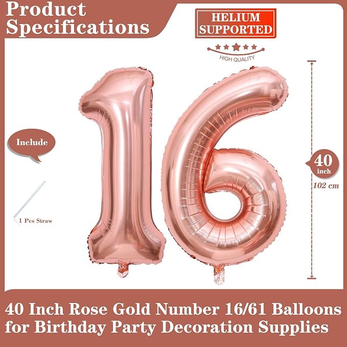 Rose Gold 16 Number Balloons, 40 Inch Giant Number 16 Balloons Foil Mylar - Image 2