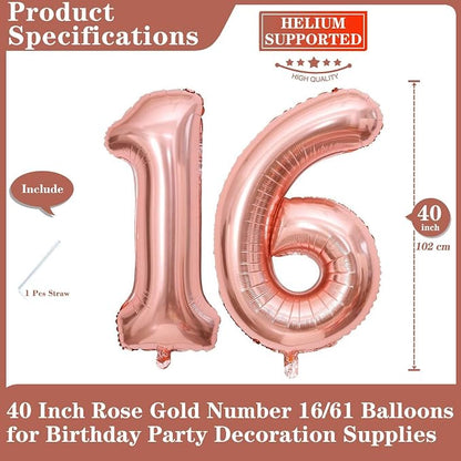 Rose Gold 16 Number Balloons, 40 Inch Giant Number 16 Balloons Foil Mylar - Image 2