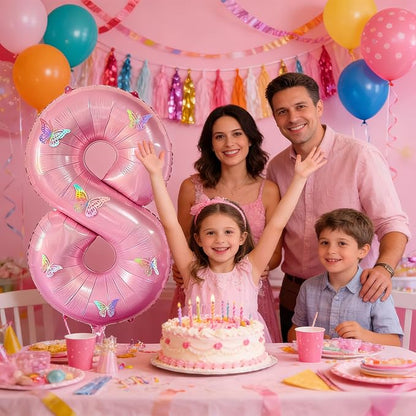40 Inch Number Balloon Pink Large Mylar Foil Pink Number Balloons and Butterfly - Image 6