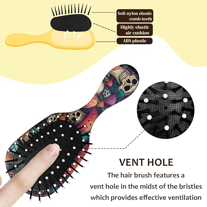 Mini Hair Brush,Cute Detangling Travel Hair Brush,Soft Bristles for Effortless Tangle Removal,Detangler Hairbrush for Women Men Boys Girls Kids Wet Dry All Hair Types (Skeleton Mushroom, Mini)