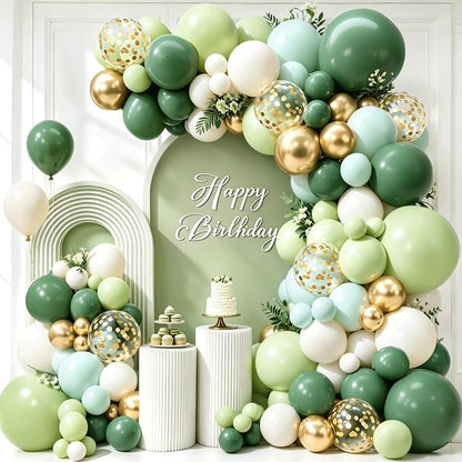 Sage Green Gold Balloon Arch Kit, Olive Dusty Green Sand White Confetti | Sage by Kalyerparty