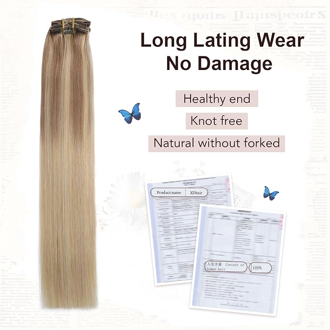 XDhair Human Hair Clip in Extensions 120g Balayage Color 10 Golden Brown to Light Blonde Highlight 27 Blonde Double Weft Clip in Human Hair Extensions #10/27/27 18 Inch