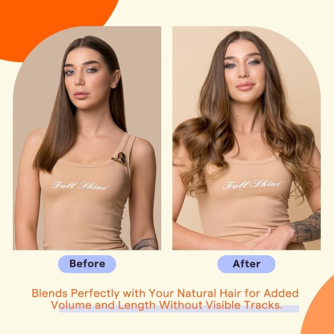 Full Shine Human Hair Extensions Tape in Color 4 Brown with 27 Blonde Highlights 24 Inch Straight Double Sided Remy Tape in Hair Extensions Human Hair 50g Natural Seamless Skin Weft 20PCS for Party