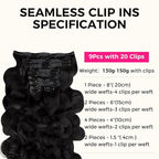 Lashey Seamless Clip in Hair Extensions Human Hair 9pcs Body Wave #1 Jet Black 150g 24 Inch Clip in Hair Extensions with PU Soft Invisi Edge for Women