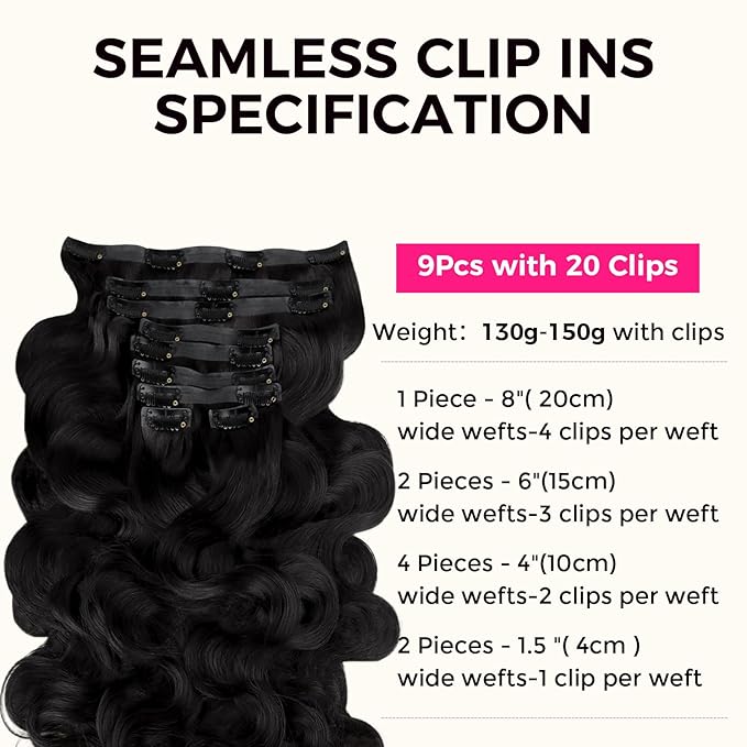 Lashey Seamless Clip in Hair Extensions Human Hair 130g 9pcs 14 Inch Body Wave #1 Jet Black Clip in Hair Extension for Women Natural Hair Extensions