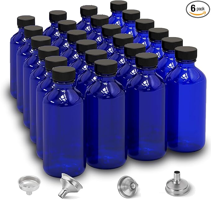 DIDITIME 2 oz Shot Bottles with Caps & Stainless Steel Funnels, Juicing Bottle Reusable Glass, 60ml Small Jars with Lids for Potion, Ginger Shots, Oils, Juice (Cobalt Blue, 24-pack)