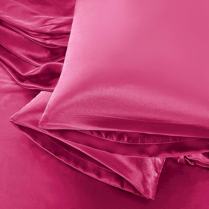 Aormenzy Satin Pillow Cases for Women Queen Size Set of 2, Hot Pink Satin Pillowcase for Hair with Envelope Closure Silky Pillow Covers Wrinkle, Fade Resistant (20x30 Inches)