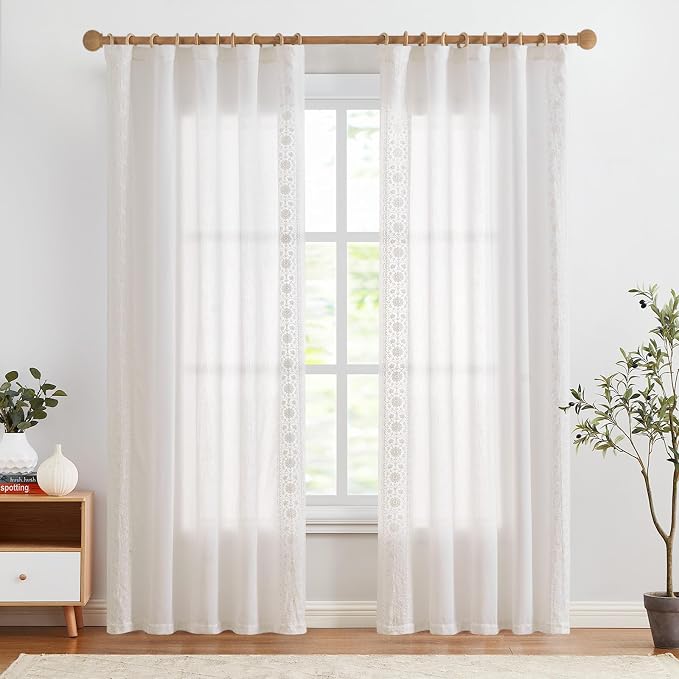 jinchan Floral Linen Curtains Embroidered Back Tab 50x90in 2 Panels White | - Image 3