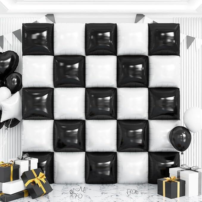 25Pcs Black and White Square Foil Balloons Wall Tunnel Backdrop Double Sided by OTLGEUA