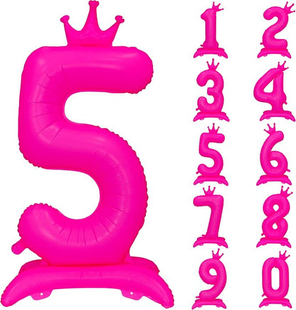 Fluorescent Pink Crown Number 5 Foil Balloon Neon Glow In The Dark Balloon | by YOIOZAIZAI