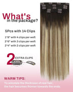 Moresoo Real Hair Extensions Clip in Human Hair Balayage Dark Brown to Medium Brown with Bleach Blonde Ombre Clip on Hair Extensions Human Hair Straight 5 Pieces 80G 14 Inch