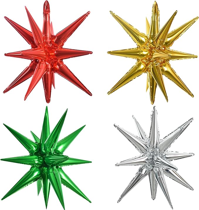 TONIFUL 4 Pcs Star Balloons Red Green Gold Silver Explosion Foil Balloon | 22 by TONIFUL