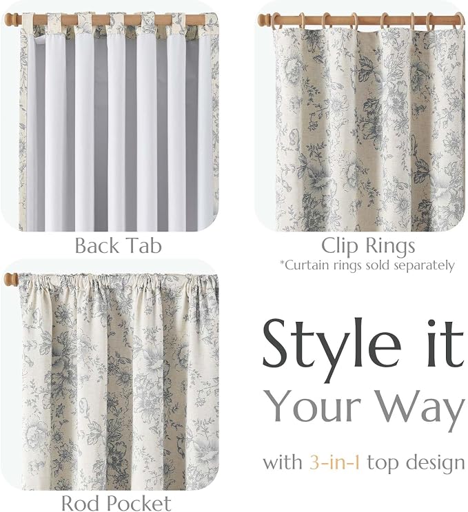 jinchan Grey Floral Linen Blackout Curtains Lined 90 Inch Back Tab 2 Panels | - Image 5